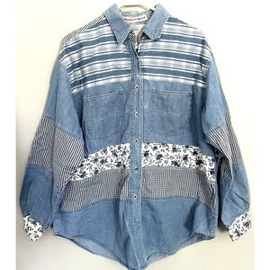 Denim Kikomo Wear Shirt‎ Women 18W 2XL Patchwork Floral Plaid Gingham Western